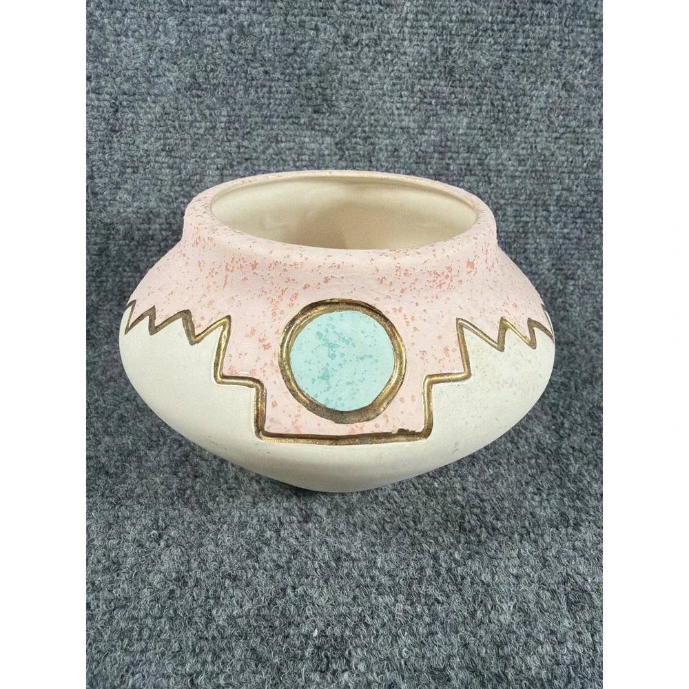 KOPA Pottery Vase AP123 Pink Turquoise 22K Gold Trim Southwestern Geometric 5.5